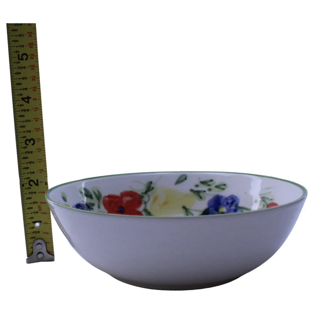 Gibson Designs Bountiful Coupe Cereal Bowl Yellow Band Blue Circle Floral